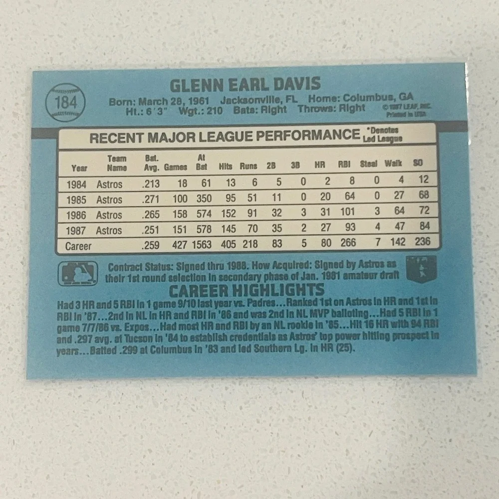 1988 Donruss Glenn Davis 184 Houston Astros Baseball Card MLB First Base